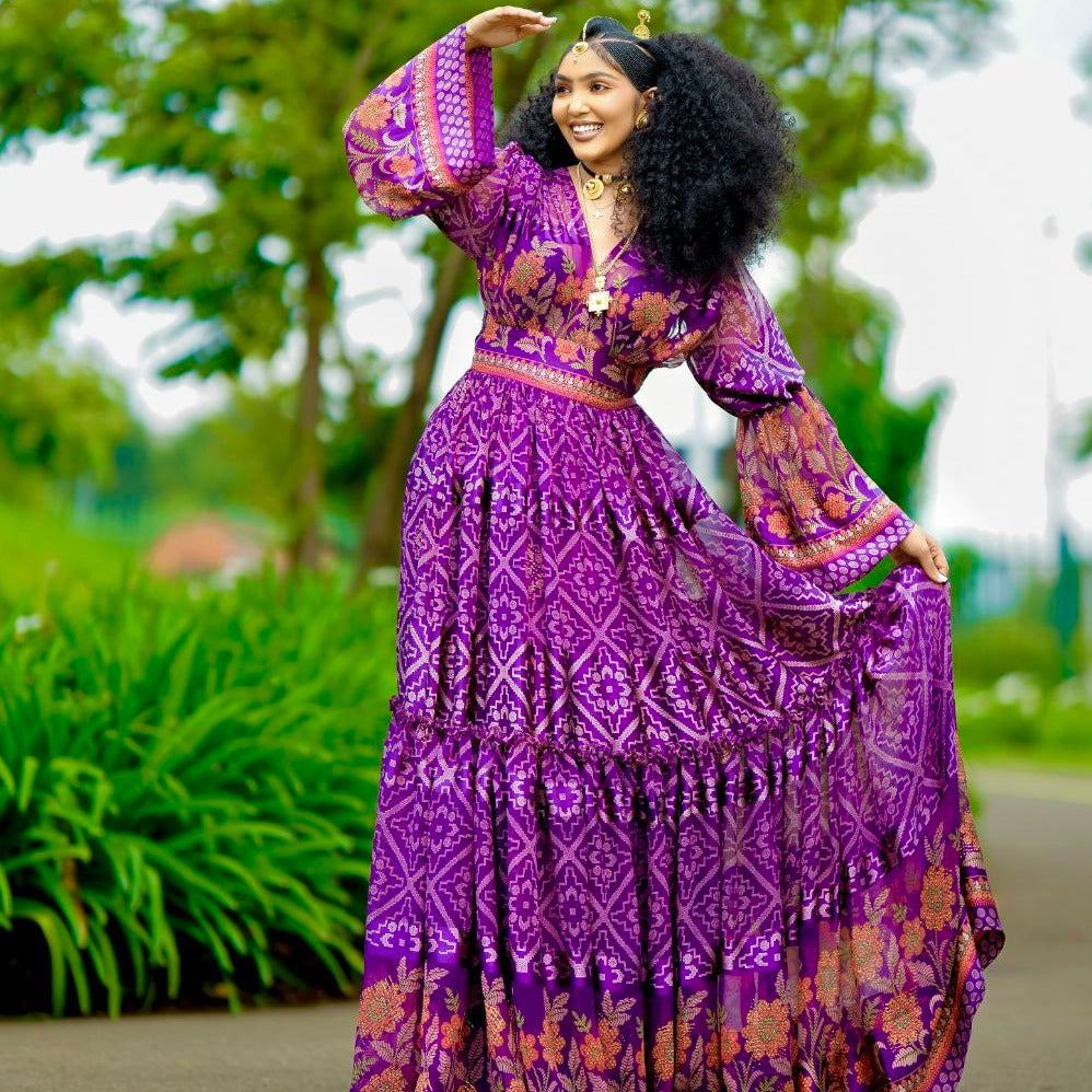 Purple Ethiopian Chiffon Dress Custom Made