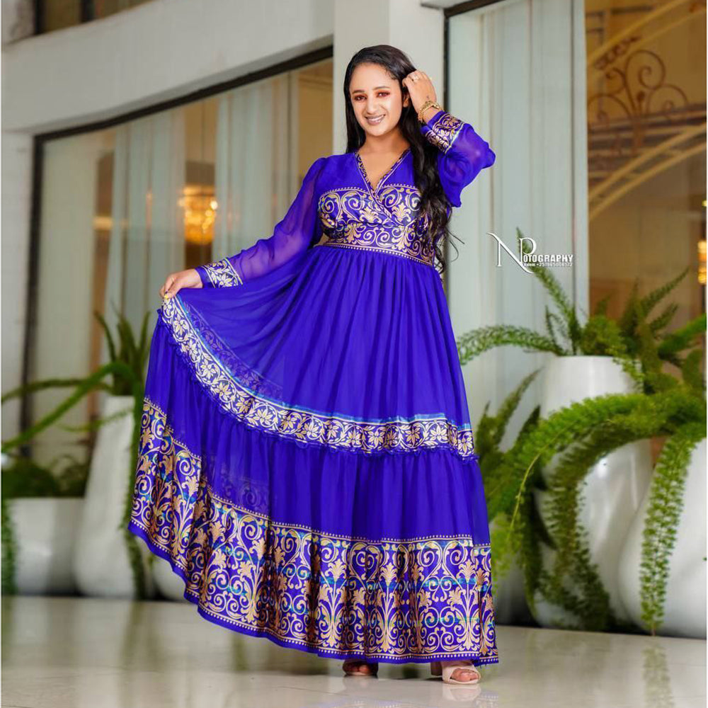 Meron Ethiopian Chiffon Dress Blue / S