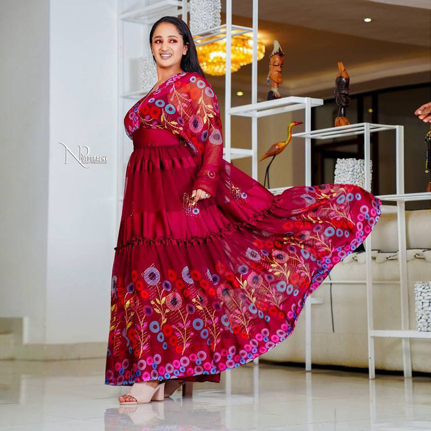 Meron Ethiopian Chiffon Dress Crimson / S Meron Ethiopian Chiffon Dress Crimson / S