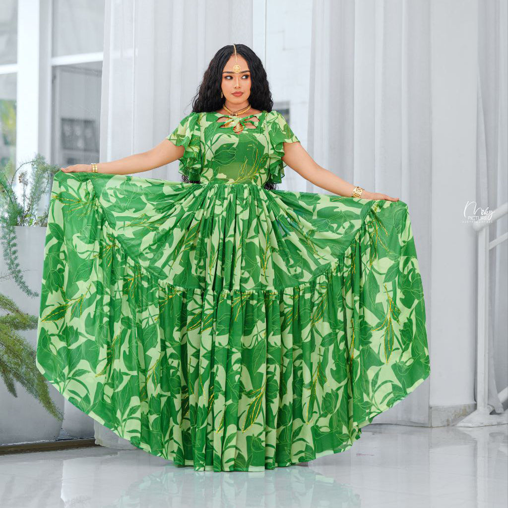 Ethiopian Habesha Chiffon Dress Green / Custom Made Ethiopian Habesha Chiffon Dress Green / Custom Made