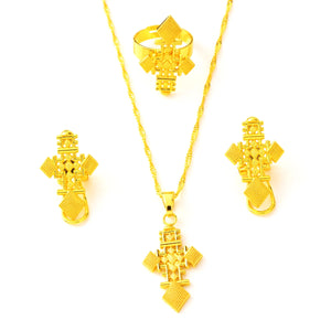 Elegant Ethiopian Cross Necklace, Earrings & Ring Set