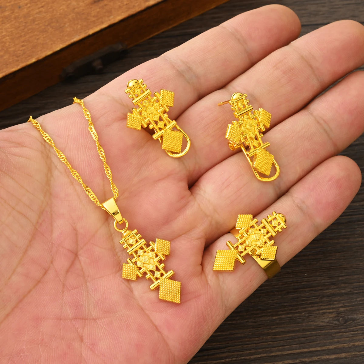 Elegant Ethiopian Cross Necklace, Earrings & Ring Set