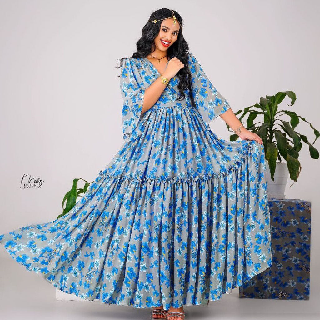 Flowy Chiffon Dress with Unique Designs Blue
