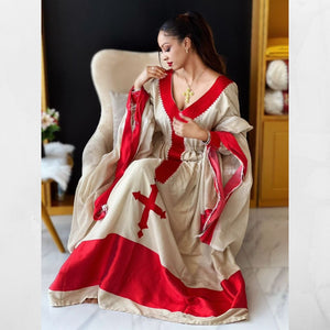 Elegant Cream & Red Ethiopian Kemis