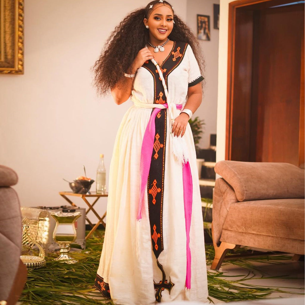 knee length dresses for ladies Beautiful Black and Colorful Habesha Tilet corset-style bodice Ethiopi – Habesha  Dresses Store main image 0