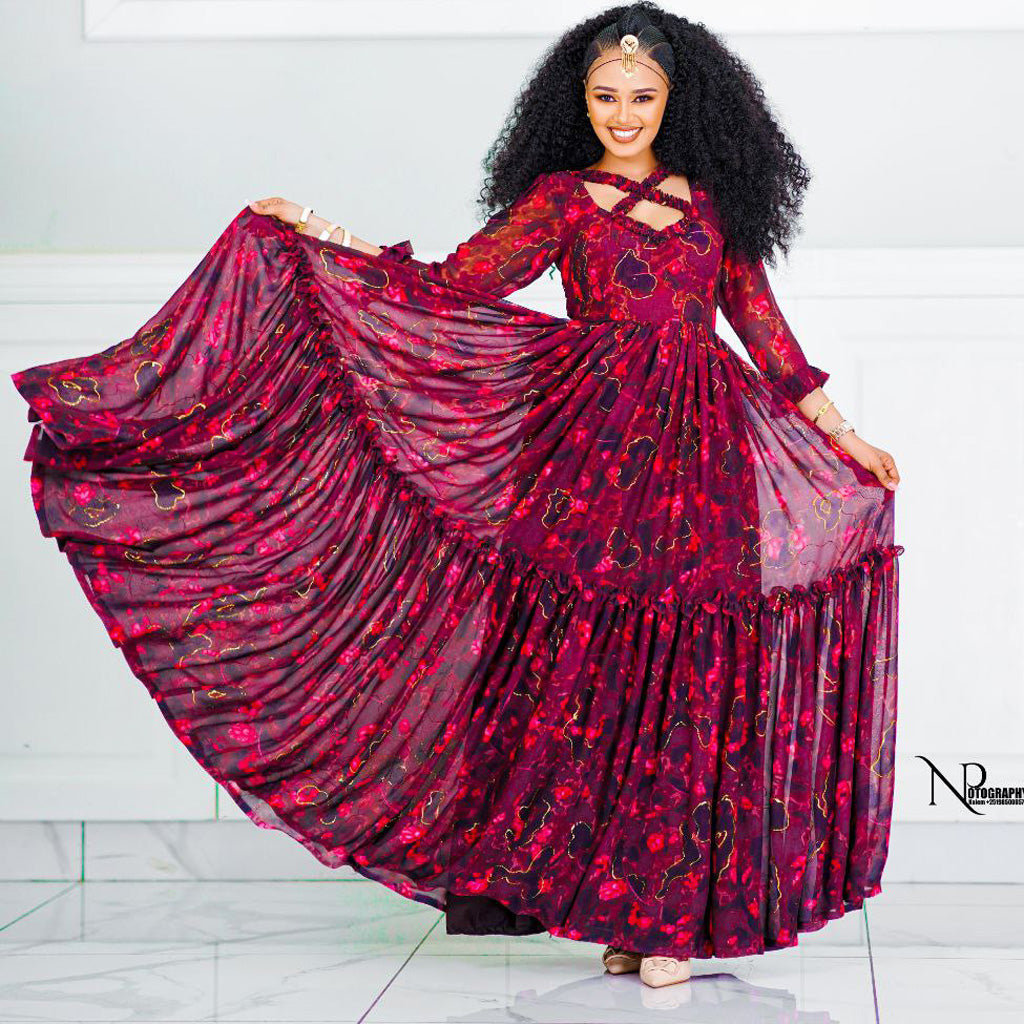 Sosina Ethiopian Chiffon Dress - EthiopianClothing.Net