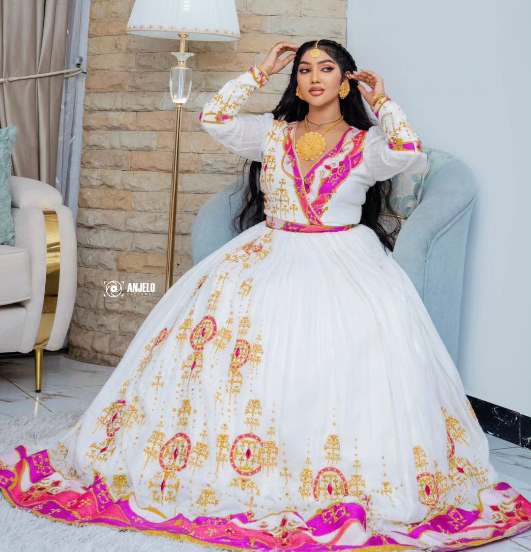 designer ethiopian wedding dress Ethiopian Wedding Dress | Green & Blue Embroidered Beaded Design | Handcrafted Luxury | Cultural Elegance | Habesha Dress Hab131