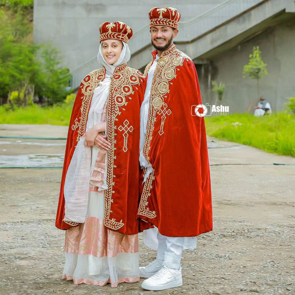 red ethiopian traditional dress Red Ethiopian Habesha Kemis Dress Traditional African Clothing with Black & Gold