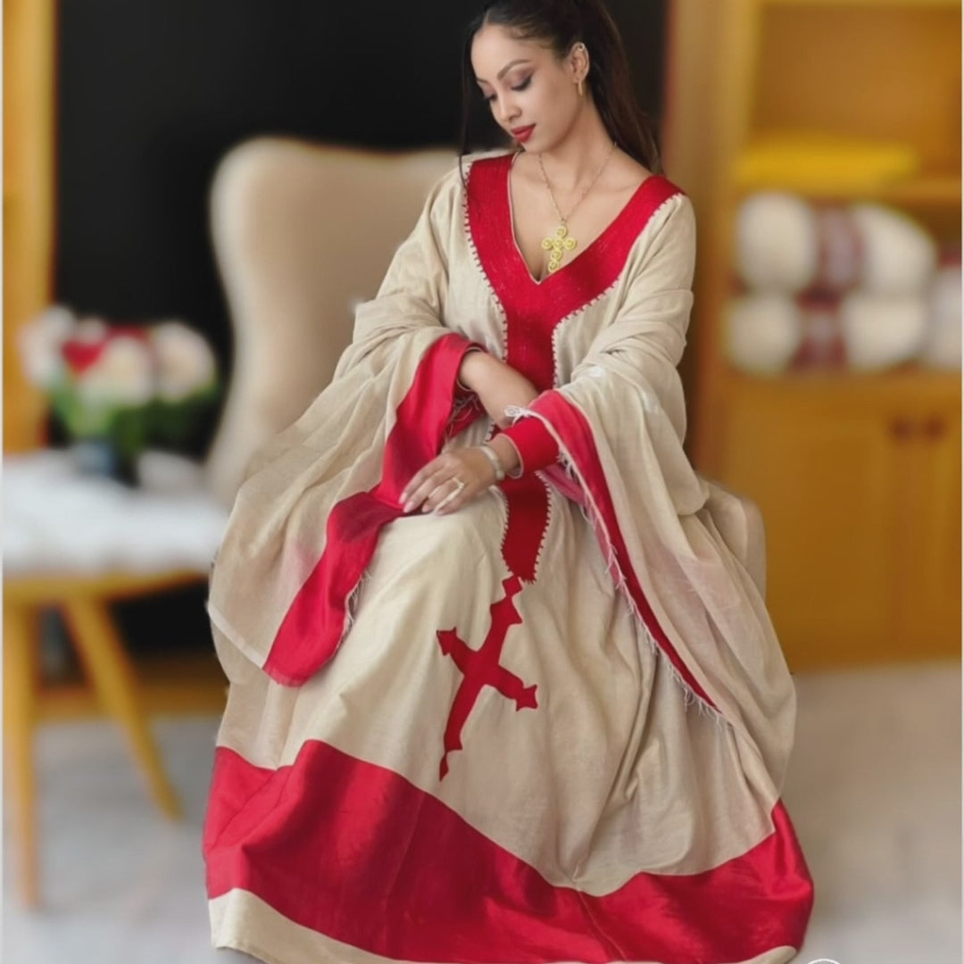 Elegant Cream & Red Ethiopian Kemis