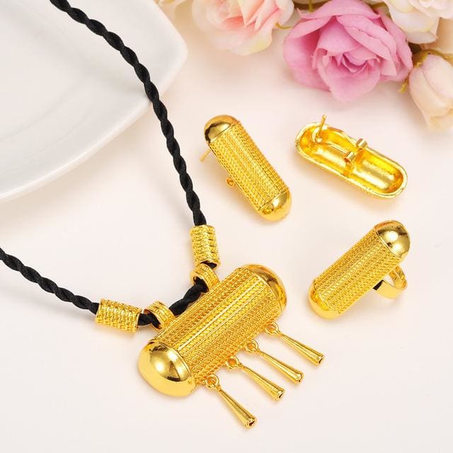 Ethiopian Habesha Jewelry Set | Gold Color Necklace, Earrings & Ring Set With Rhinestones - View #8