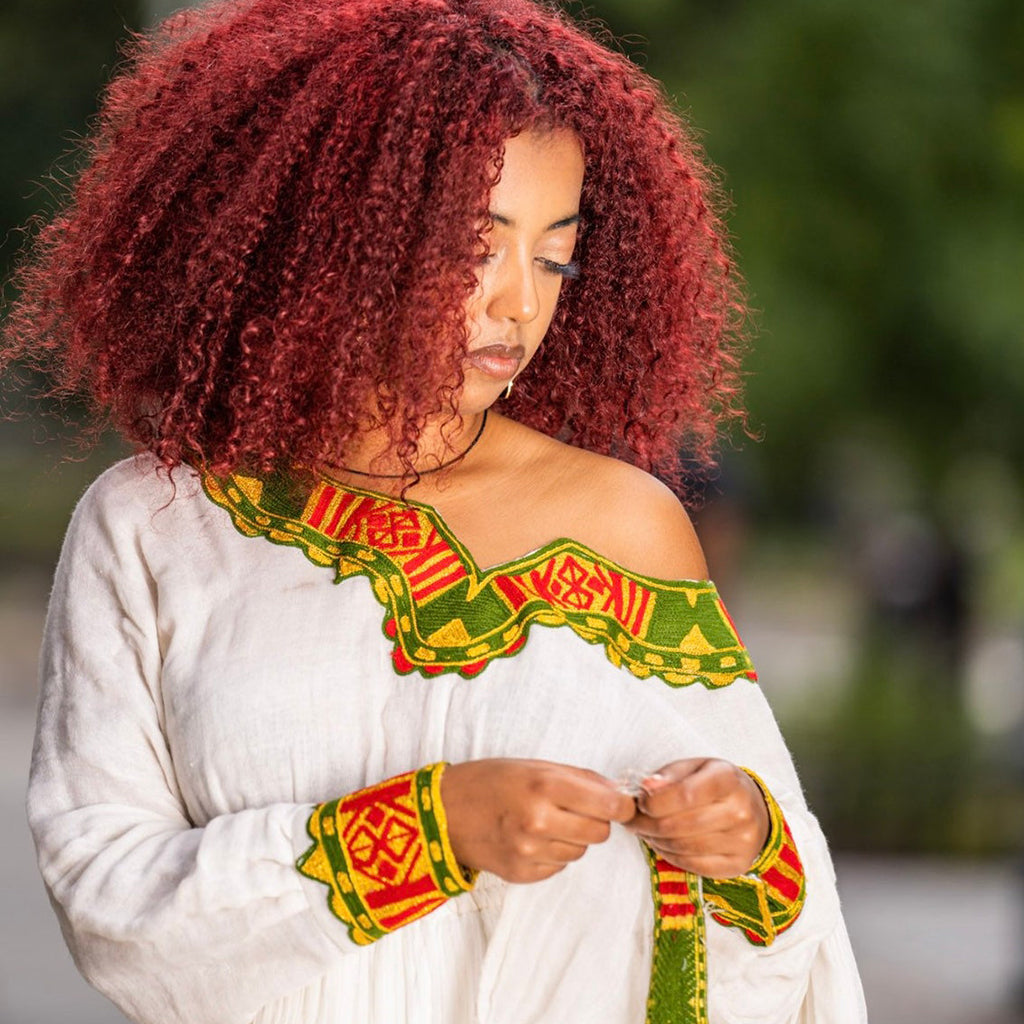red habesha dress Red Ethiopian Habesha Kemis Dress Traditional African Clothing with Black & Gold