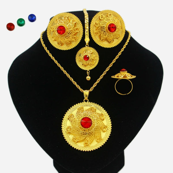 Ethiopian Bridal Jewelry Set - 24K Gold Plated Necklace, Earrings & Ring, African Inspired Wedding Jewelry