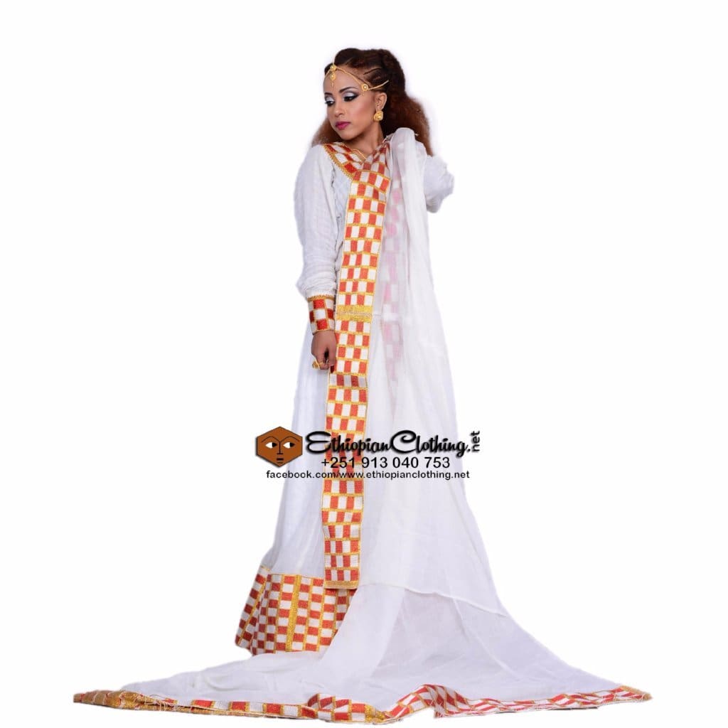 Qey Dama Menen Telf Habessha Dress - Ethiopian Traditional Dress